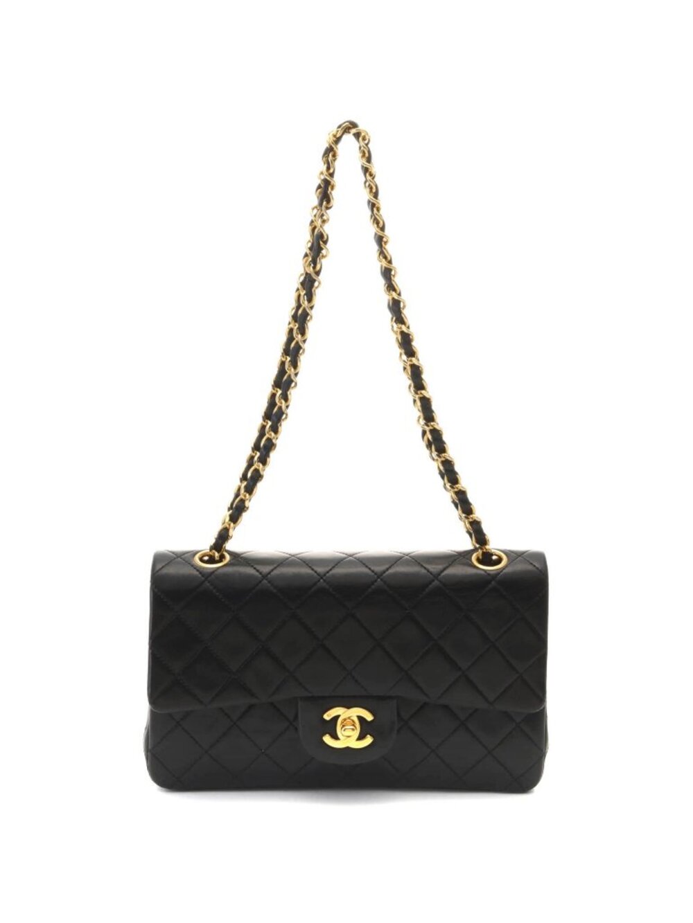 Chanel Quilted Double Flap 23 Black Gold Shoulder Bag Lambskin